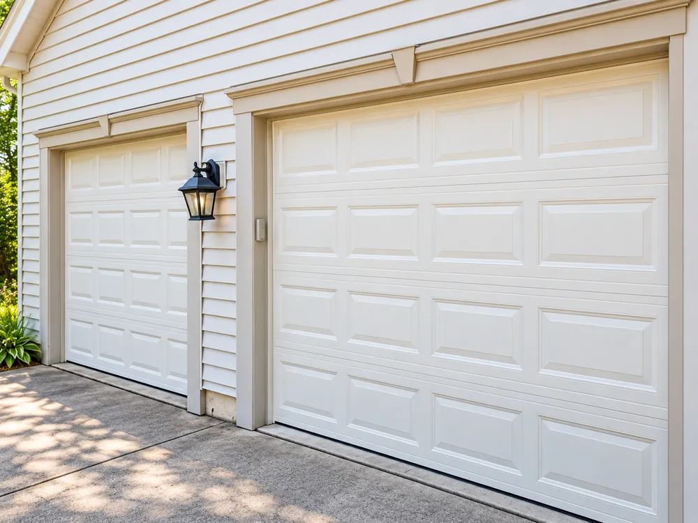 Two white residential garage doors installed on a suburban house