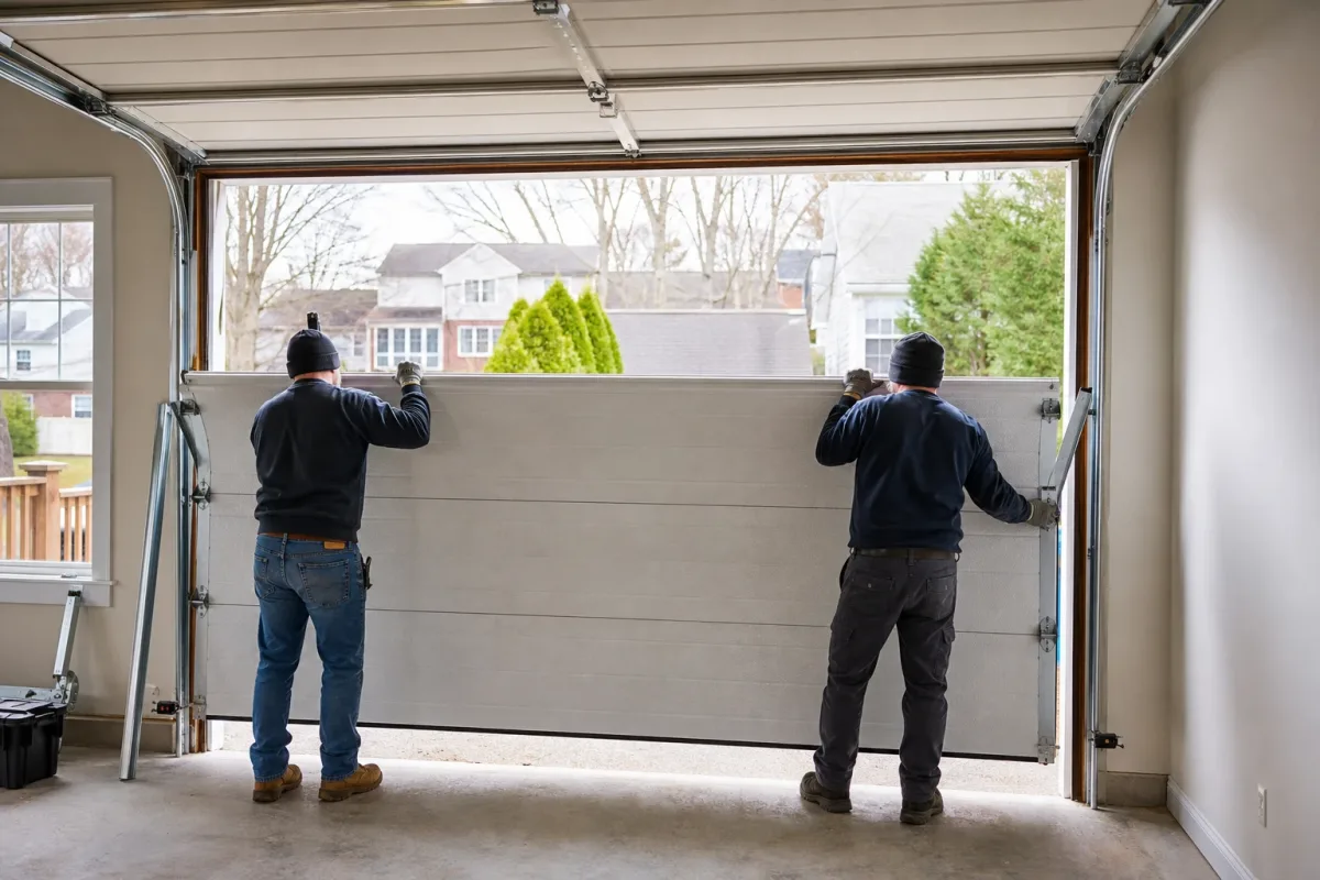 Installers fitting an insulated garage door panel in a Maryland garage