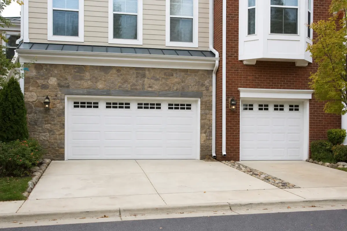Double garage door beside a single garage door on suburban homes