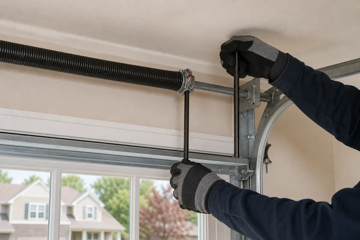 Gloved hands winding a new torsion spring with winding bars in a residential garage