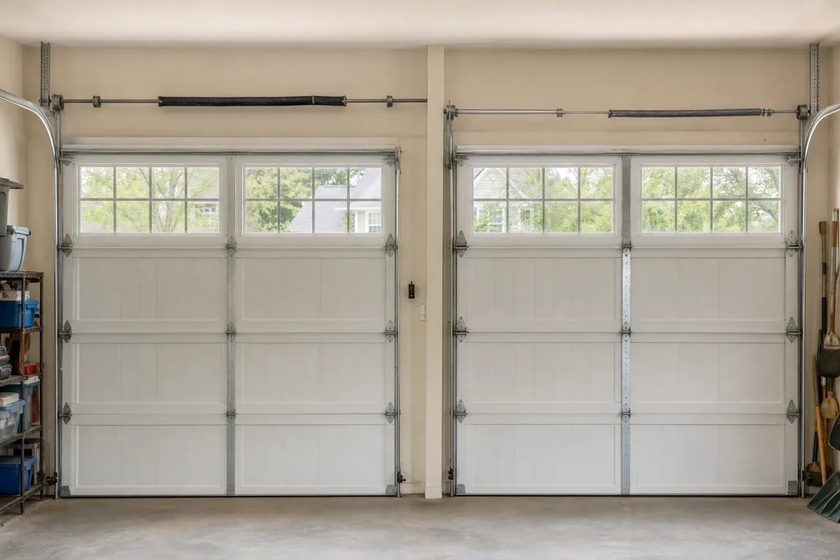 Torsion spring above a garage door beside extension springs along the track