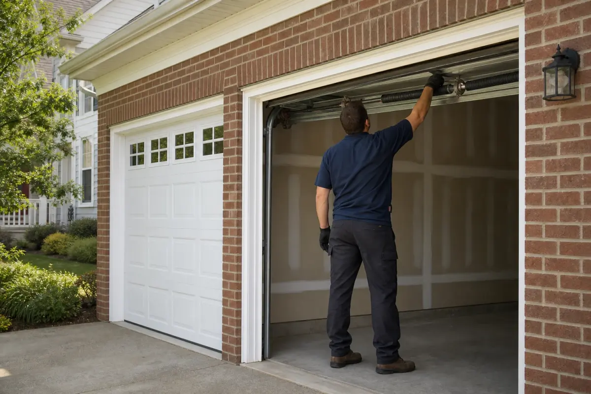 Technician inspecting a torsion spring above a residential garage door in a DC suburb