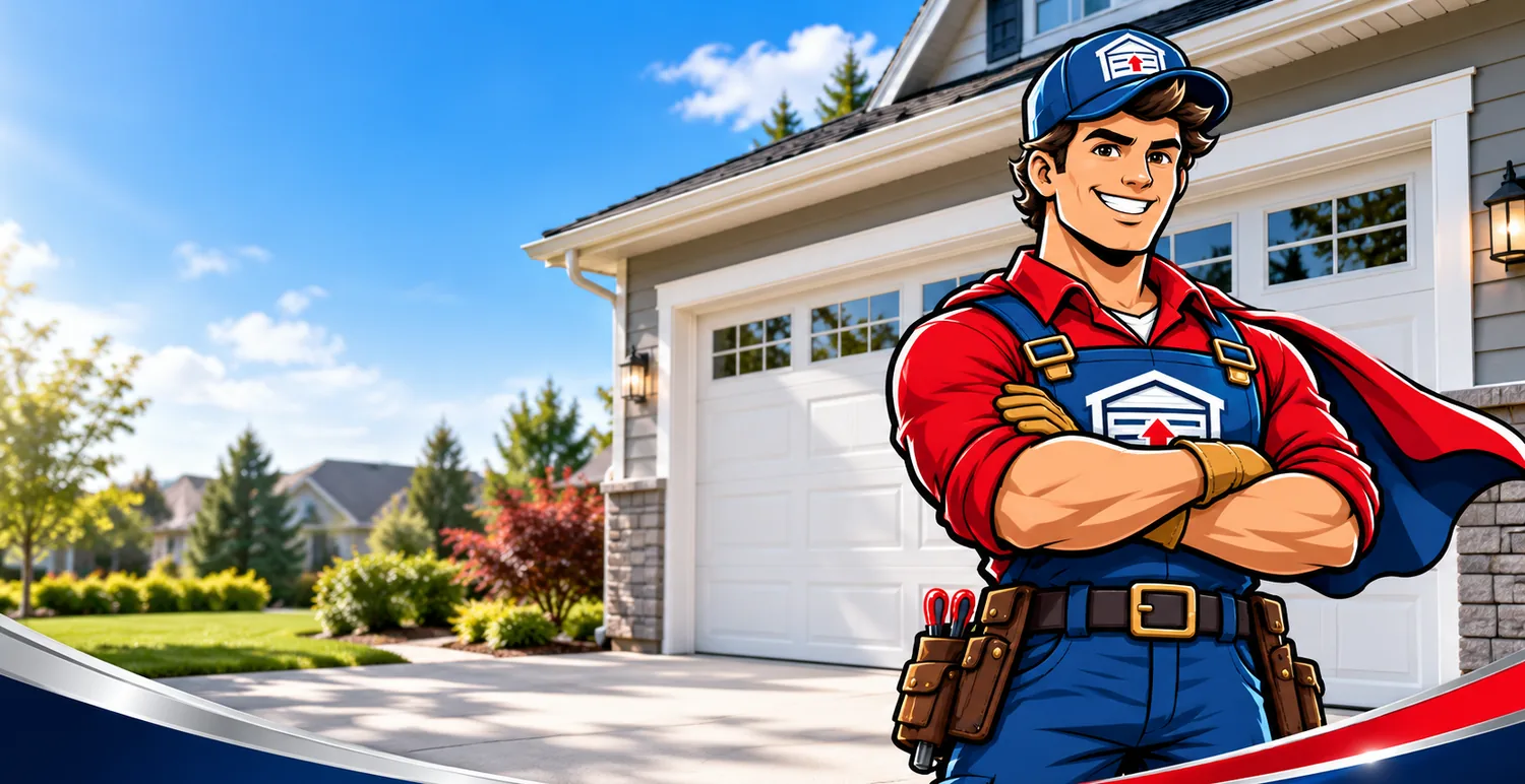 Captain Smoothlift garage door repair hero standing outside a residential garage