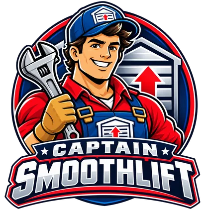 Captain Smoothlift garage door repair badge featuring technician mascot