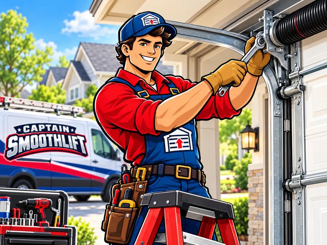 Captain Smoothlift mascot repairing a residential garage door
