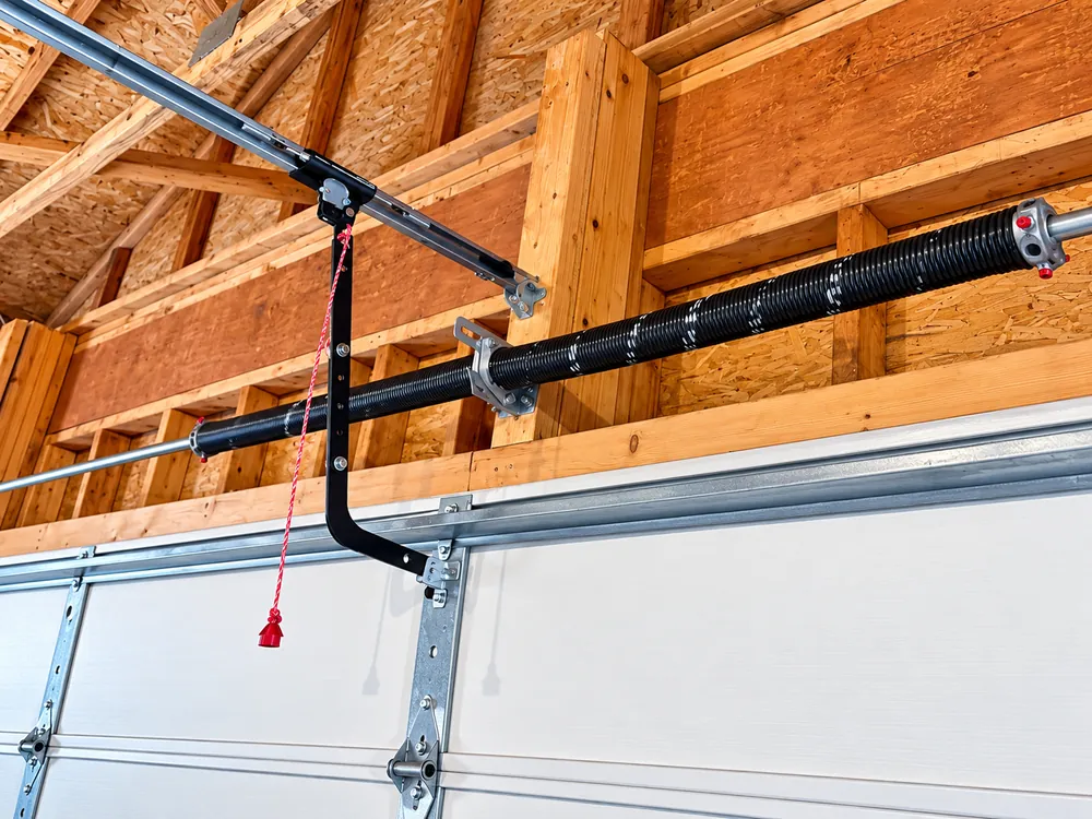 Garage door torsion spring and hardware mounted above a wooden garage frame